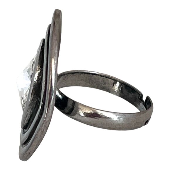 DESIGNER STATEMENT RING Size 5 Silver Clear Rivoli Crystal Enamel Adjustable 5Z - Picture 4 of 7